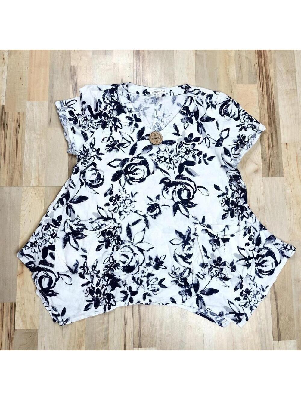 Coldwater Creek Women's Black White Floral Linen Asymmetrical Tunic Petite Med